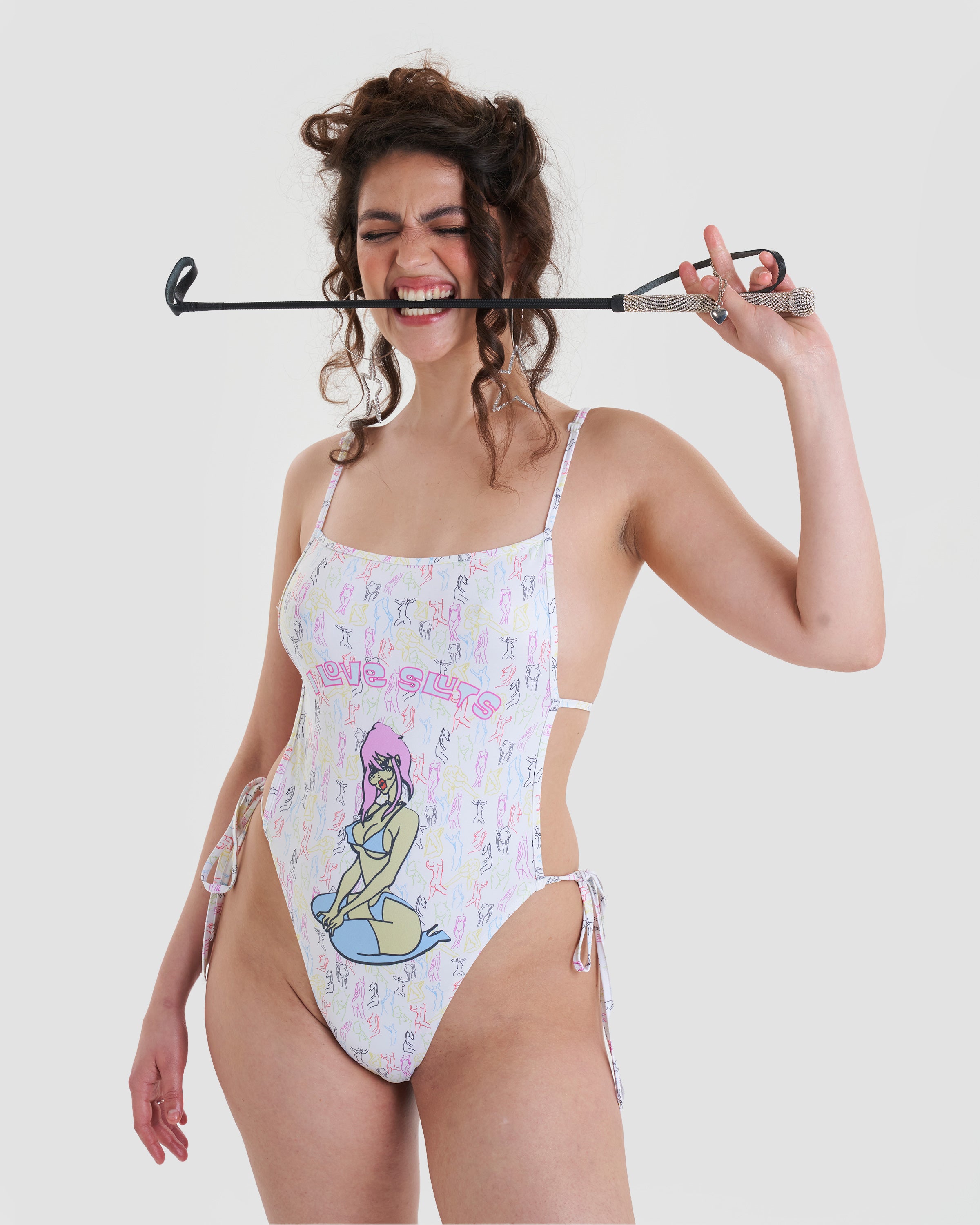 I Love Adjustable Swimsuit with Tie Open Back and Graphic Print in Multicolour